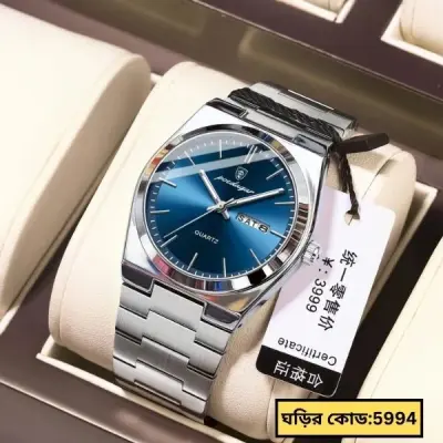 Poedagar Model 930 Stainless Steel Quartz Wristwatch for Men - Silver Chain Dial Blue + এক পিস ব্যাটারি ফ্রি।