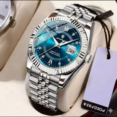 POEDAGAR WATCH MODEL 910 SILVER CHAIN DIAL BLUE FOR MAN - + এক পিস ব্যাটারি ফ্রি।