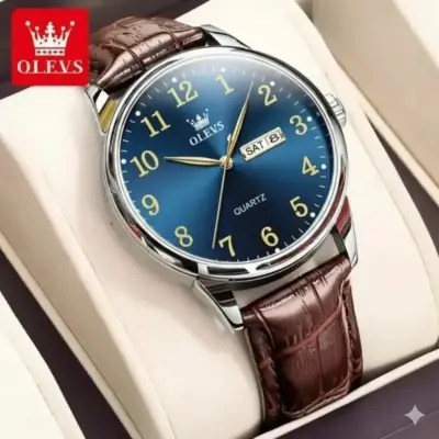 OLEVS WATCH MODEL 5535 FASHION WATCH FOR MEN BELT BROWN DIAL BLUE COLOUR WATCH- MAN WATCH - DATE OR BAR SHOHO