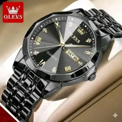 OLEVS MODEL 9931 Watch for Men Stainless Steel Watches - 9931 FULL BLACK WATCH- MAN WATCH - LOCK PUSH + এক পিস ব্যাটারি ফ্রি।