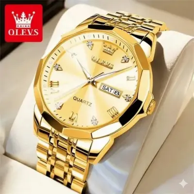 OLEVS MODEL 9931 Watch for Men Stainless Steel Watches - 9931 FULL GOLDEN- MAN WATCH - LOCK PUSH + এক পিস ব্যাটারি ফ্রি।