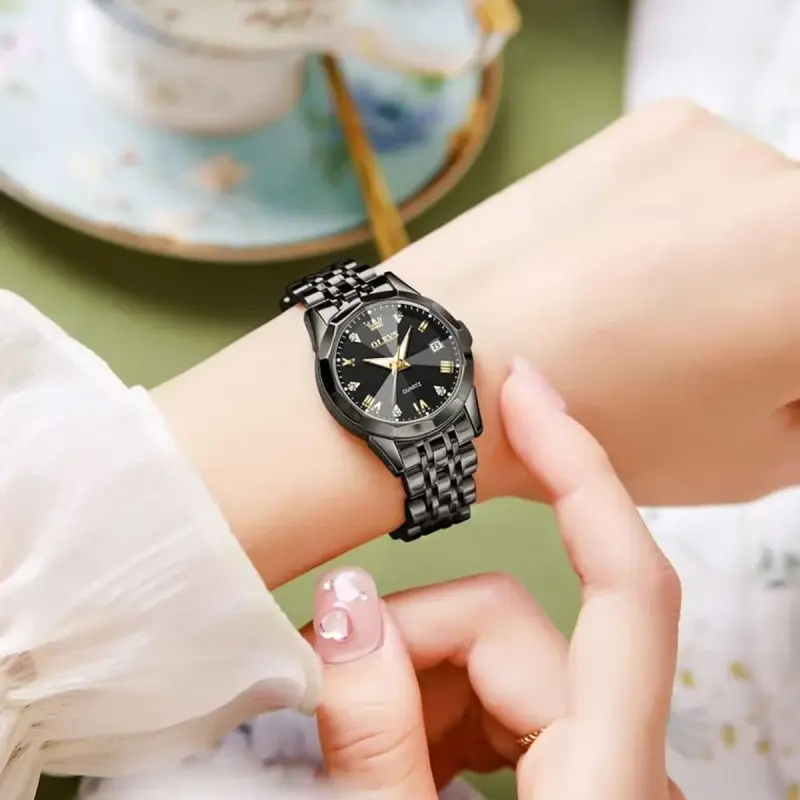 OLEVS MODEL 9931 FULL BLACK COLOUR WOMEN WATCH - PUSH LOCK + এক পিস ব্যাটারি ফ্রি।