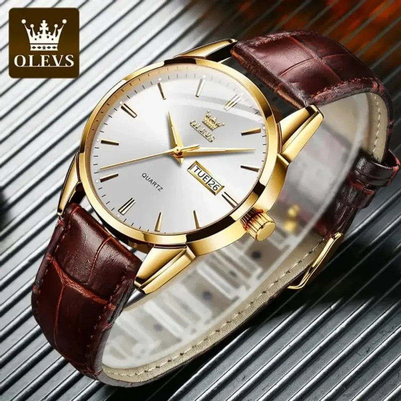OLEVS WATCH MODEL 6898 FASHION WATCH FOR MEN BELT BROWN DIAL WHITE COLOUR WATCH FOR MEN + এক পিস ব্যাটারি ফ্রি।