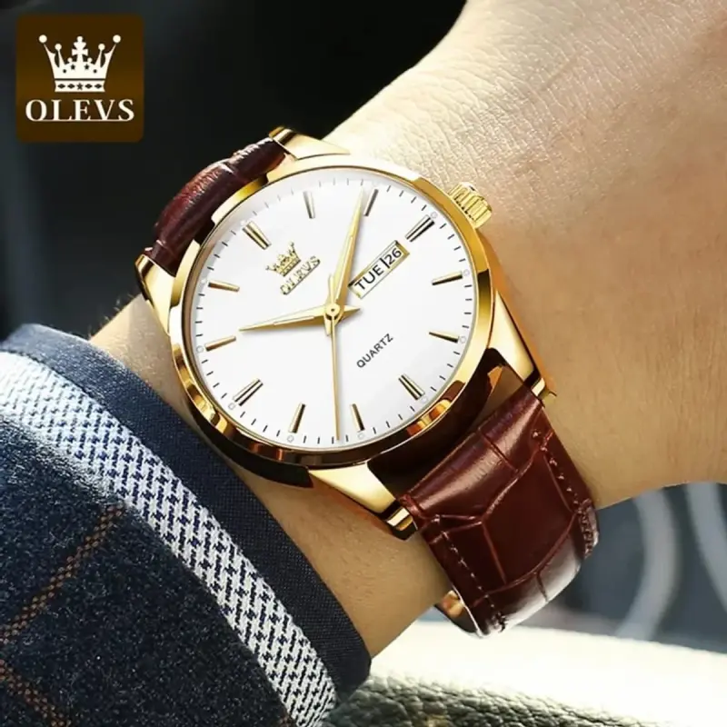 OLEVS WATCH MODEL 6898 FASHION WATCH FOR MEN BELT BROWN DIAL WHITE COLOUR WATCH FOR MEN + এক পিস ব্যাটারি ফ্রি।