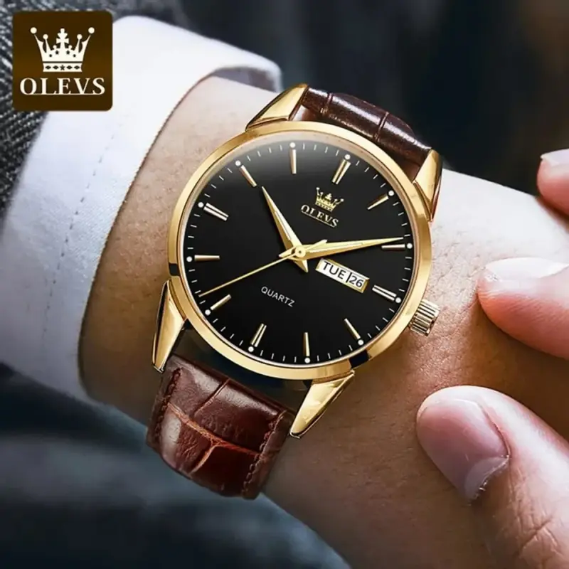 OLEVS WATCH MODEL 6898 FASHION WATCH FOR MEN BELT BROWN DIAL BLACK COLOUR WATCH FOR MEN + এক পিস ব্যাটারি ফ্রি।