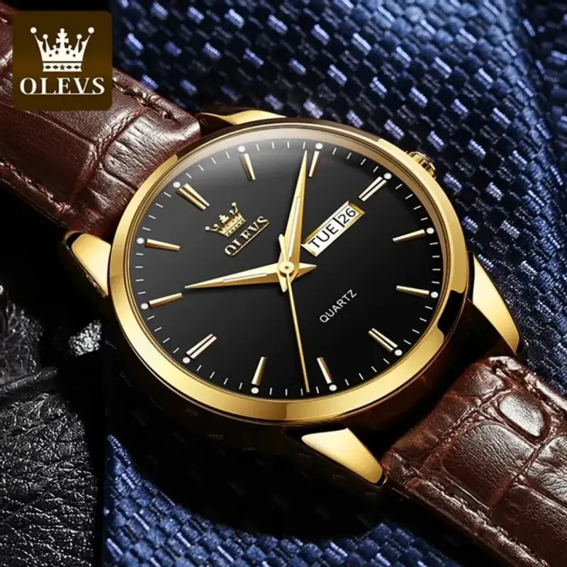 OLEVS WATCH MODEL 6898 FASHION WATCH FOR MEN BELT BROWN DIAL BLACK COLOUR WATCH FOR MEN + এক পিস ব্যাটারি ফ্রি।