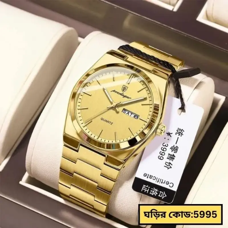 Poedagar Model 930 Stainless Steel Quartz Wristwatch for Men - FULL GOLDEN COOLER WATCH + এক পিস ব্যাটারি ফ্রি।