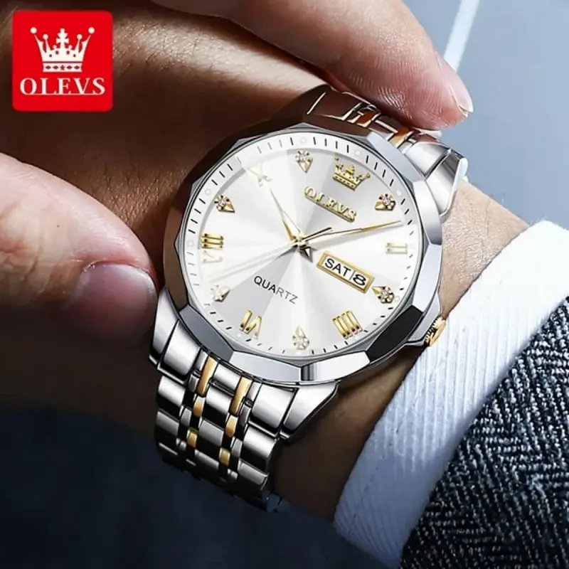 OLEVS MODEL 9931 Watch for Men Stainless Steel Watches - 9931 TOTON AR DIAL WHITE - MAN WATCH - LOCK PUSH + এক পিস ব্যাটারি ফ্রি।