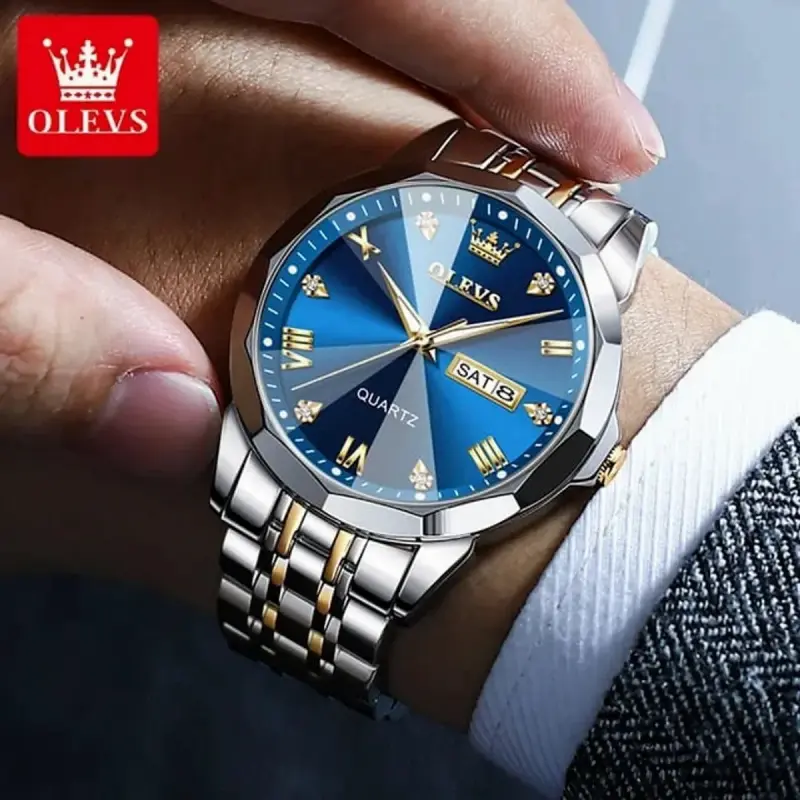 OLEVS MODEL 9931 Watch for Men Stainless Steel Watches - 9931 TOTON AR DIAL BLUE - MAN WATCH LOCK PUSH + এক পিস ব্যাটারি ফ্রি।
