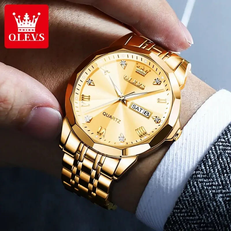 OLEVS MODEL 9931 Watch for Men Stainless Steel Watches - 9931 FULL GOLDEN- MAN WATCH - LOCK PUSH + এক পিস ব্যাটারি ফ্রি।