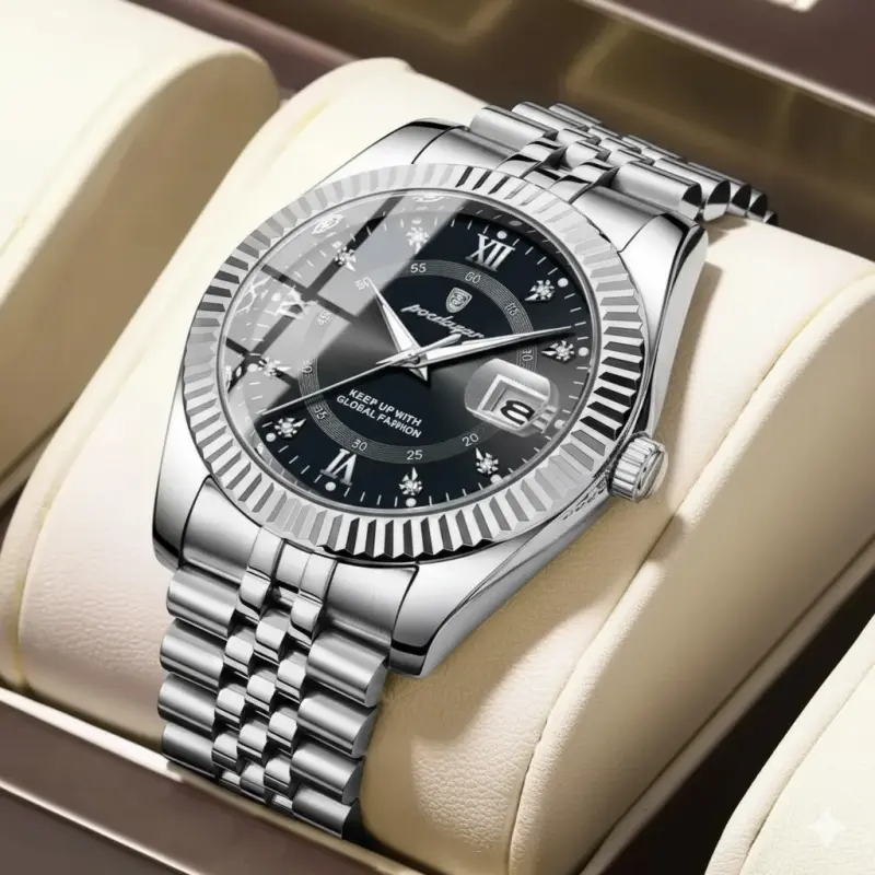 POEDAGAR WATCH MODEL 910 SILVER CHAIN DIAL BLACK FOR MAN - + এক পিস ব্যাটারি ফ্রি।