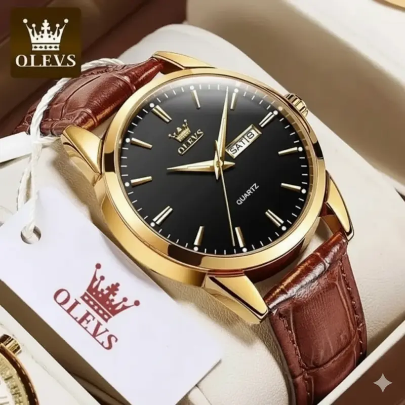OLEVS WATCH MODEL 6898 FASHION WATCH FOR MEN BELT BROWN DIAL BLACK COLOUR WATCH FOR MEN + এক পিস ব্যাটারি ফ্রি।