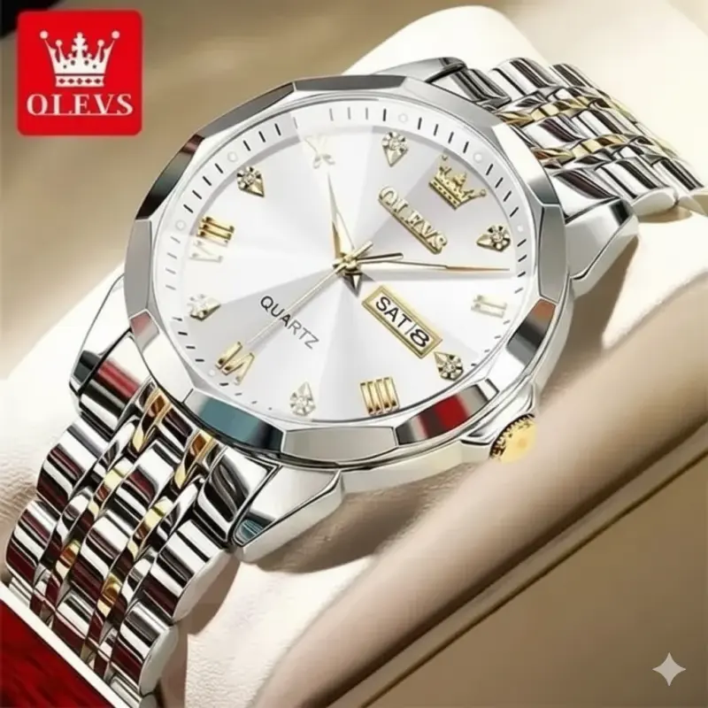 OLEVS MODEL 9931 Watch for Men Stainless Steel Watches - 9931 TOTON AR DIAL WHITE - MAN WATCH - LOCK PUSH + এক পিস ব্যাটারি ফ্রি।