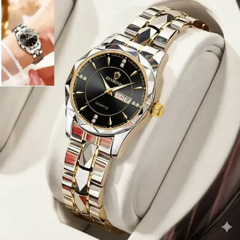Luxury Binbond Stainless Steel Classic Waterproof Watch Toton ar Dial Black