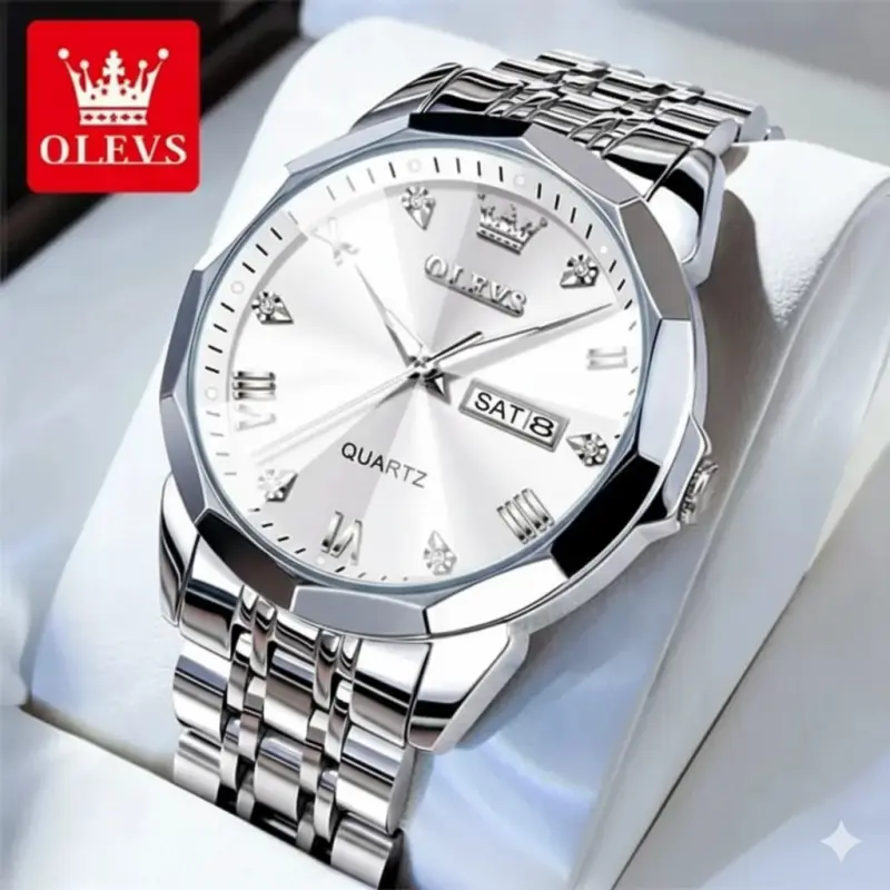 OLEVS WATCH MODEL 9931 FULL SILVER COOLER WATCH FOR MAN - LOCK PUSH + এক পিস ব্যাটারি ফ্রি।