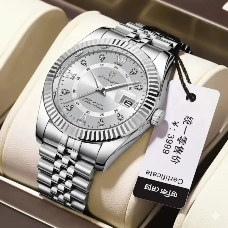 POEDAGAR WATCH MODEL 910 FULL SILVER COLOUR WATCH MAN + এক পিস ব্যাটারি ফ্রি।