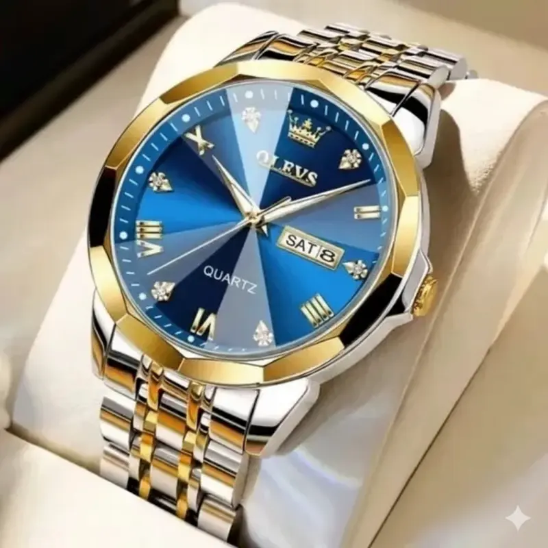 OLEVS MODEL 9931 Watch for Men Stainless Steel Watches - 9931 TOTON AR DIAL BLUE ROUND GOLDEN - - MAN WATCH - LOCK PUSH + এক পিস ব্যাটারি ফ্রি।