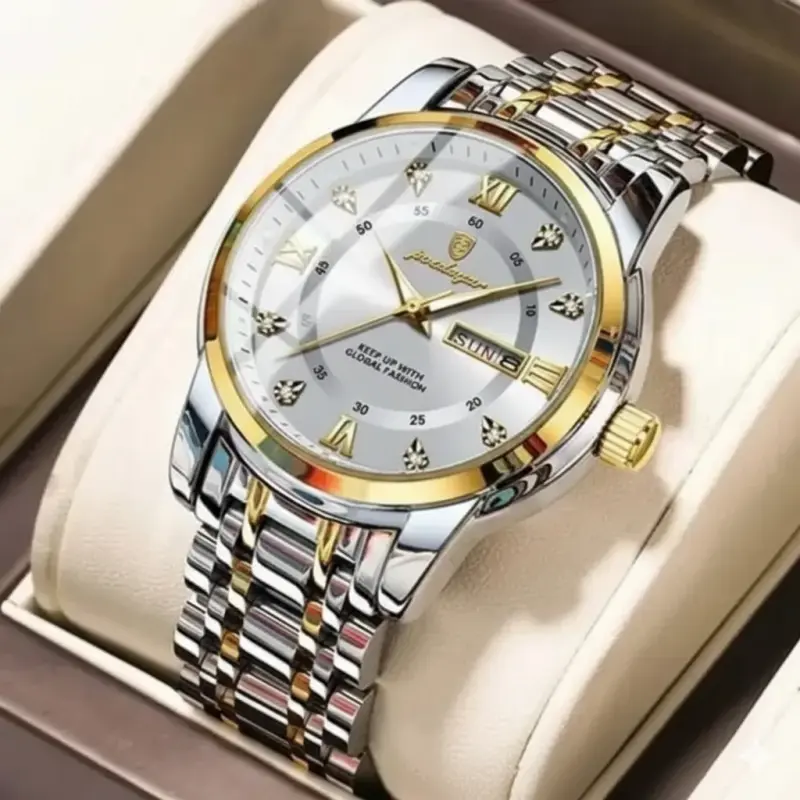 Watch For Men Stainless Steel Watches Poedagar Watch Model 936 Toton ar Dial White + এক পিস ব্যাটারি ফ্রি।