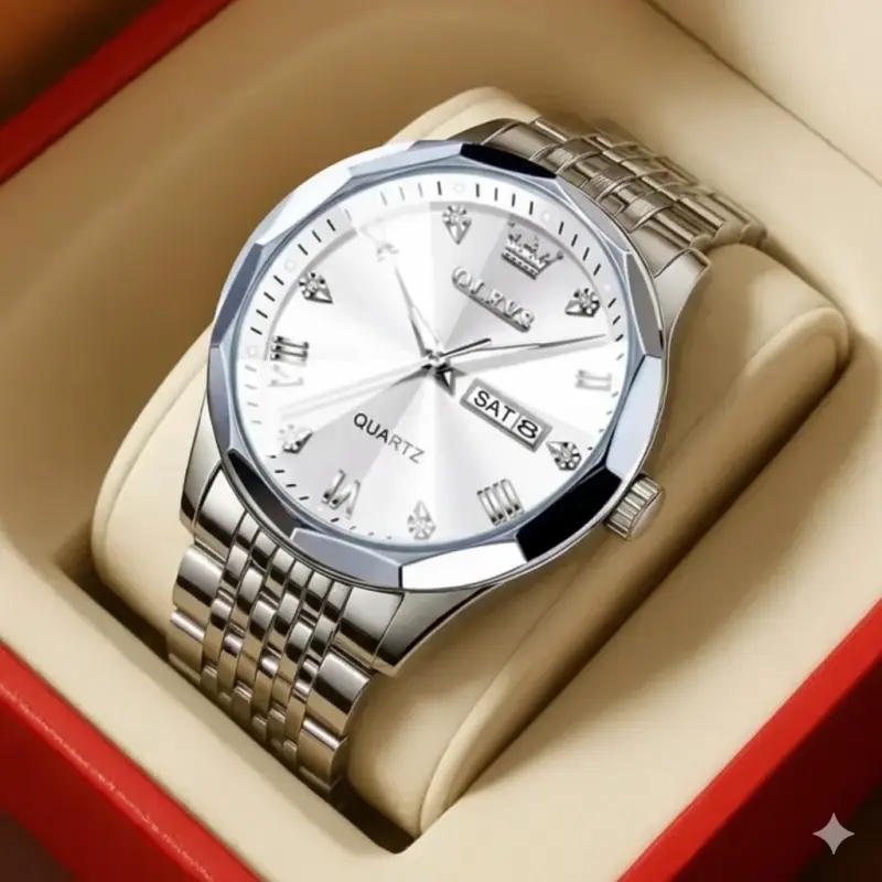 OLEVS WATCH MODEL 9931 FULL SILVER COOLER WATCH FOR MAN - LOCK PUSH + এক পিস ব্যাটারি ফ্রি।