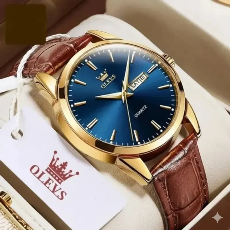 OLEVS WATCH MODEL 6898 FASHION WATCH FOR MEN BELT BROWN DIAL BLUE COLOUR WATCH FOR MEN + এক পিস ব্যাটারি ফ্রি।