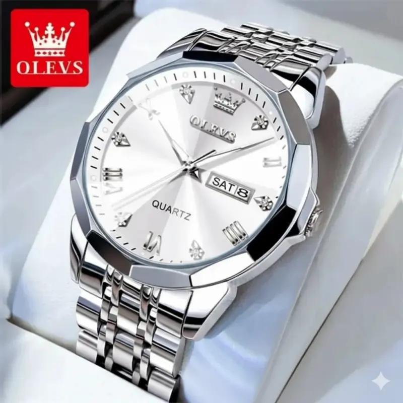OLEVS WATCH MODEL 9931 FULL SILVER COOLER WATCH FOR MAN - LOCK PUSH + এক পিস ব্যাটারি ফ্রি।