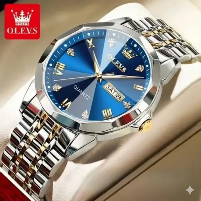 OLEVS MODEL 9931 Watch for Men Stainless Steel Watches - 9931 TOTON AR DIAL BLUE - MAN WATCH LOCK PUSH + এক পিস ব্যাটারি ফ্রি।