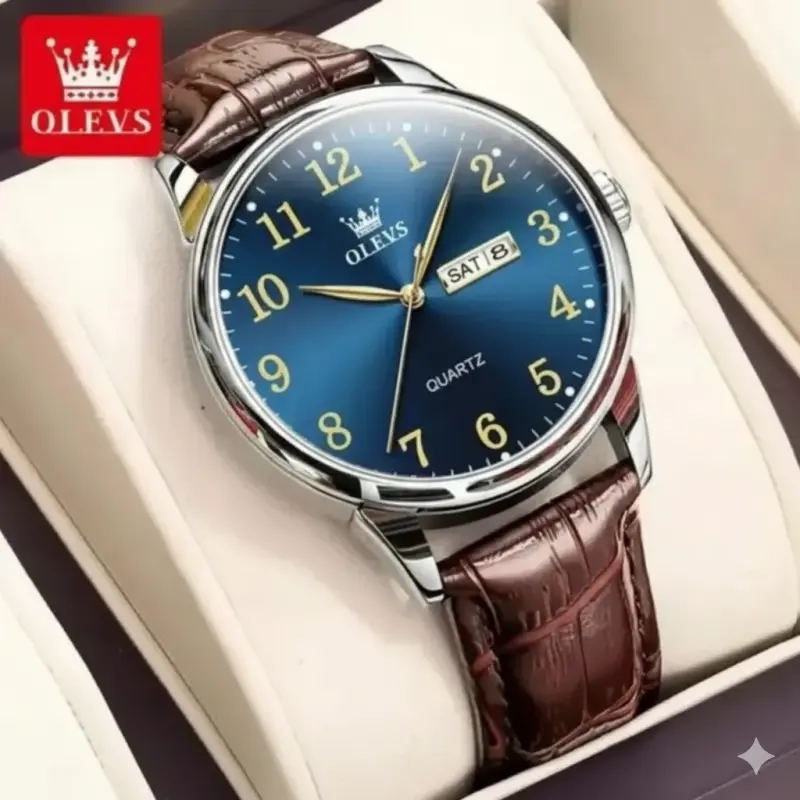OLEVS WATCH MODEL 5535 FASHION WATCH FOR MEN BELT BROWN DIAL BLUE COLOUR WATCH- MAN WATCH - DATE OR BAR SHOHO