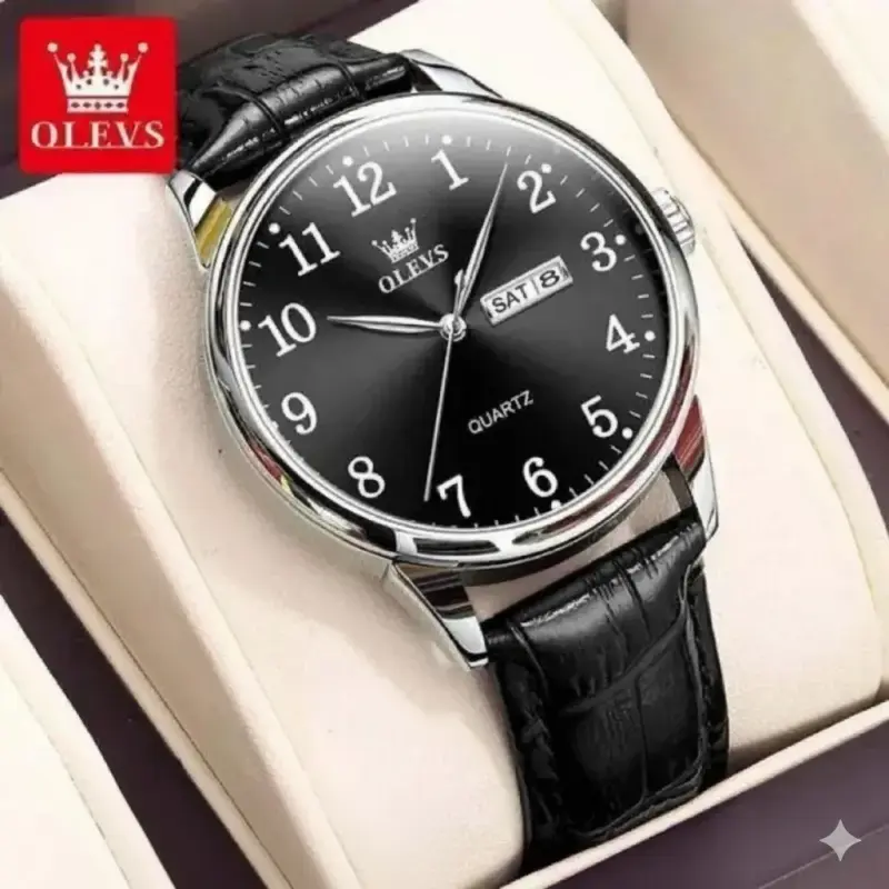 OLEVS WATCH MODEL 5535 FASHION WATCH FOR MEN BELT BLACK DIAL BLACK COLOUR WATCH - MAN WATCH -DATE OR BAR SHOHO + এক পিস ব্যাটারি ফ্রি।