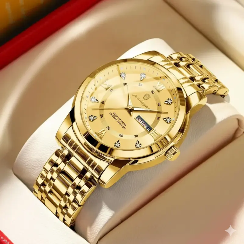 Watch For Men Stainless Steel Watches Poedagar Watch Model 936 Full Golden Colour Watch For Man + এক পিস ব্যাটারি ফ্রি।